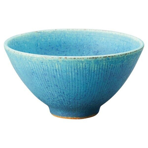 Shigaraki rice bowl, carved blue glaze