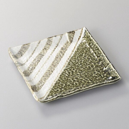 A square Mino ware serving plate in the Oribe register — deep copper-green glaze with painted stripe decoration