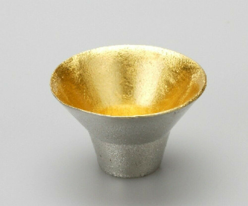 A Nousaku tin sakazuki sake cup from Takaoka, finished with gold leaf