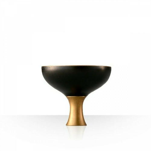 A small HAI-form guinomi sake cup with a Takaoka brass body and a black kuro-urushi interior finished with soft gold flake