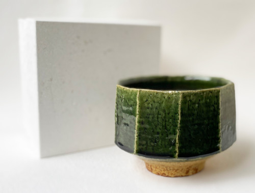 Kiyomizu ware tea bowl in Oribe green, cut into facets