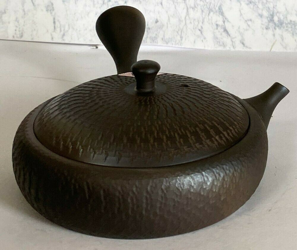 Gyokko Yohen Biri Kyusu, a compact flat-shaped Tokoname teapot