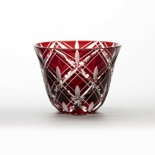 Edo Kiriko Guinomi Japanese glass Sake cup Cross Yarai Red craft
