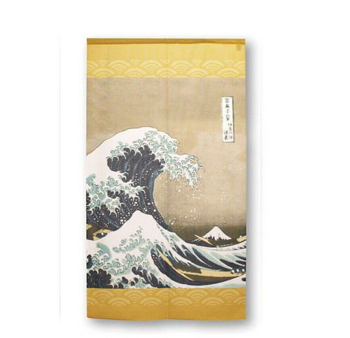 A polyester tapestry-style noren printed with Hokusai's Great Wave off Kanagawa on a warm yellow ground