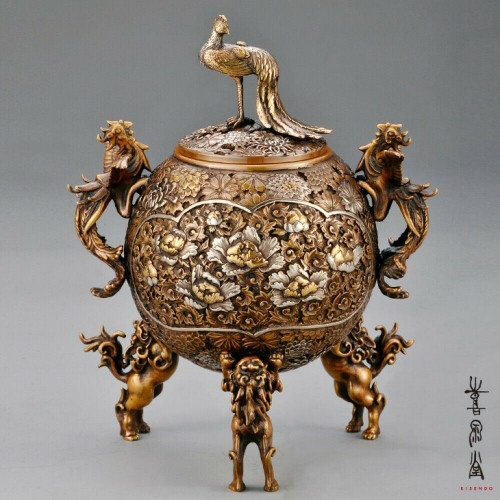 Koro Japanese Bronze Incense burner Takaoka Tamagata Peacock Bird