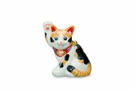 Maneki neko Kutani yaki porcelain Japanese Lucky cat Long-haired Calico Sideways