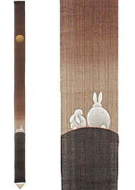 Kyoto Tapestry Wall Hanging Handpainted Linen Rabbits and Moon Usagi Autumn