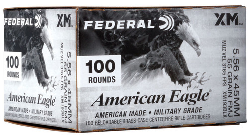 Federal XM193 5.56 5gr FMJ Ammo.  100rd Bulk Pack - 500rd Case.  Xm193FCBL