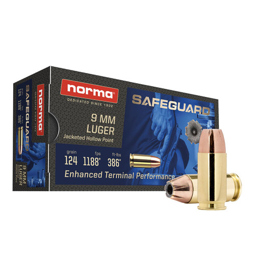 Norma Safeguard 9mm 124gr JHP Self Defense Ammo.