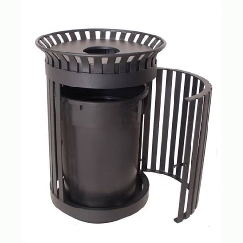 Wilmington Series Trash Receptacle - 32 Gallon - Classic Swing Door - Round - Slat - w/ Lid & Plastic Liner