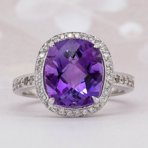 Halo Amethyst and Diamond Ring