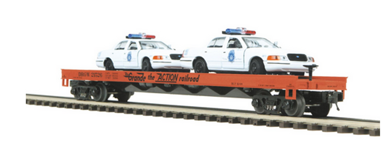 MTH Premier Rio Grande  Flat Car w/2 Denver  Police Cars, 3 rail