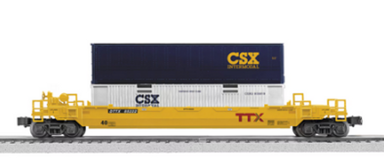 Lionel Traditional size DTTX  double stack car with CSX containers , 3 rail 