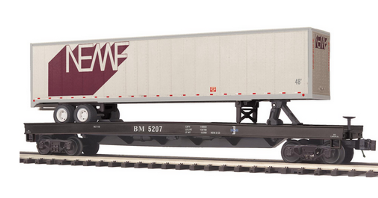 MTH Premier B&M Flat Car with 48' NE Motor Freight Trailer, 3 rail