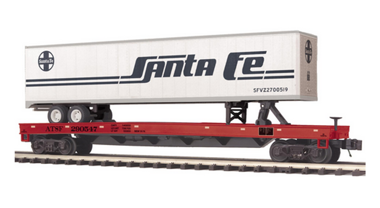MTH Premier Santa Fe   Flat Car with 48' Trailer, 3 rail