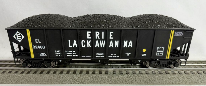 RMT Erie Lackawanna  70-ton 3-Bay Hopper w/coal load, 3 rail