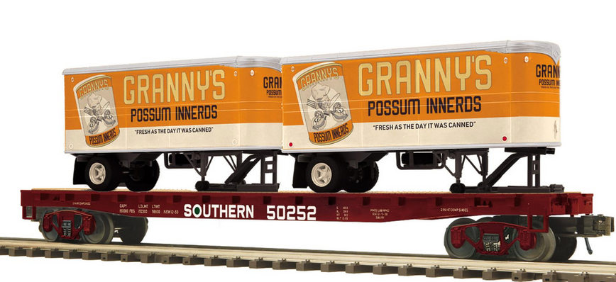 Pre-order for MTH Premier Southern 50' flat car with 2 Granny's  pup  Trailers, 3 rail