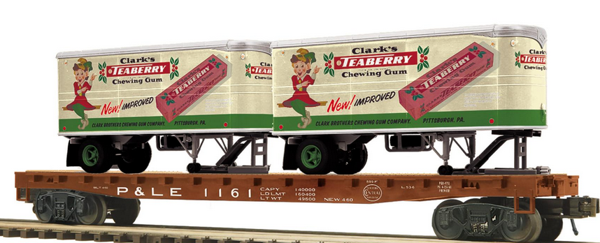 Pre-order for MTH Premier P&LE 50' flat car with 2 Clarke's Teaberry Gum  pup  Trailers, 3 rail