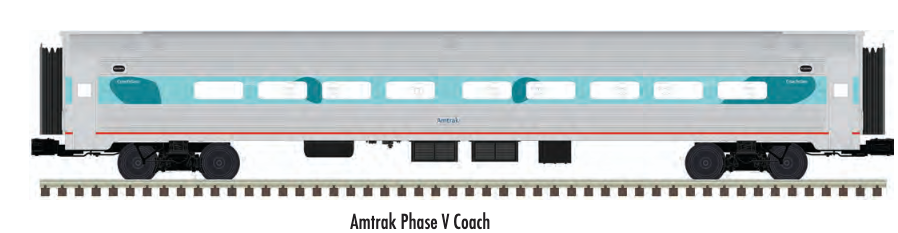 Pre-order for Atlas O Premier set of 4 Amfleet Phase 5 Passenger cars, 3 rail or 2 rail
