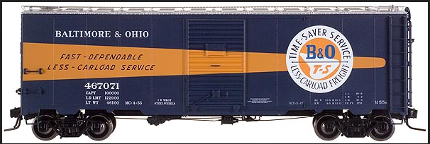 Copy of Atlas O B&O 1937 style AAR 40'  box car, 3 or 2 rail (Blue/orange Timesaver)