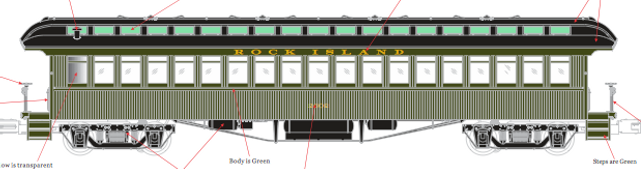 PDT EXCLUSIVE  MTH Premier Rock Island  open vestibule 64' wood passenger coach, 2 rail