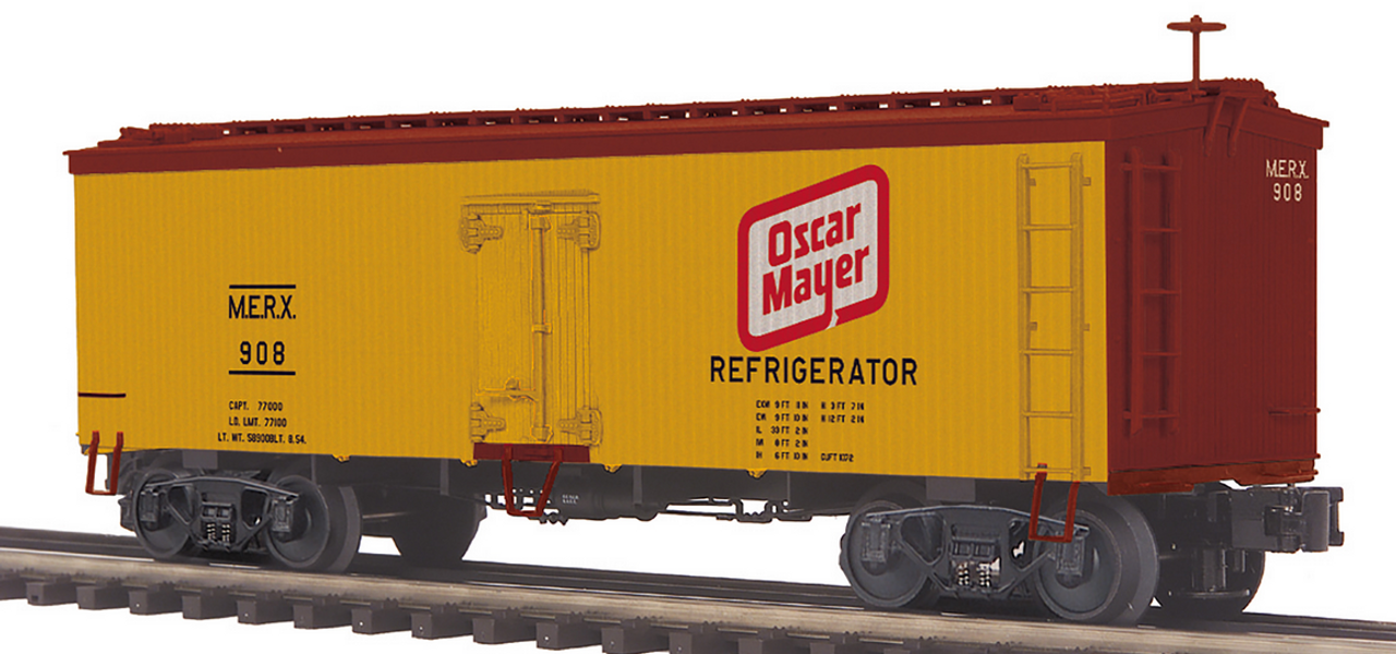 PDT exclusive MTH Premier Oscar Mayer (smaller logo) 36'  wood reefer, 3 rail