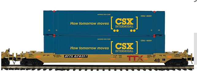 MTH Premier TTX husky  stack car  with 2 CSX blue containers, 3 rail