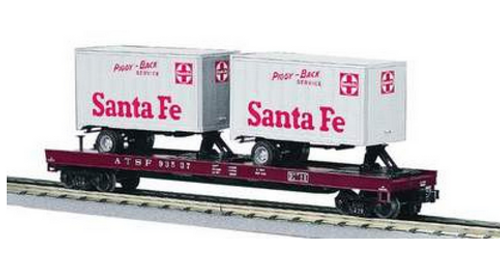 MTH Premier Santa Fe  Flat Car with (2) SF red/silver 20' Pup Trailers, 3 rail, Like new condition