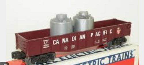 Lionel  traditional size CP 40' gondola with cement containers, 3 rail