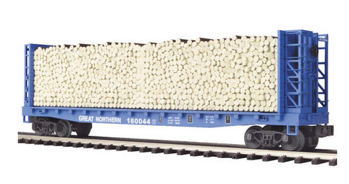MTH Premier GN (blue)  50' Bulkhead Flat Car w/pulpwood   Load, 3 rail, Like new condition