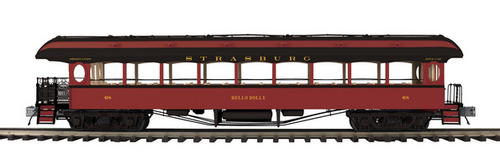 Pre-order for MTH Premier Strasburg  64' open air observation  car Hello Dolly (red)