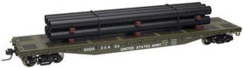 Atlas O PDT Exclusive US Army DODX 50' flat car with pipe load , 2 rail or 3 rail