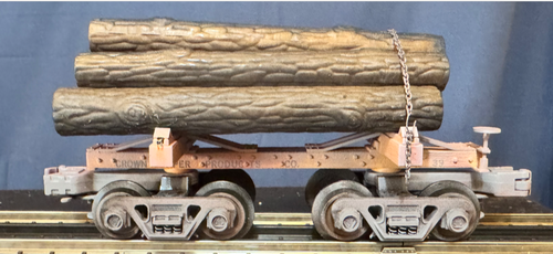 group of 5 Atlas O Industrial Crown Paper log cars, 3 rail, nicely weathered