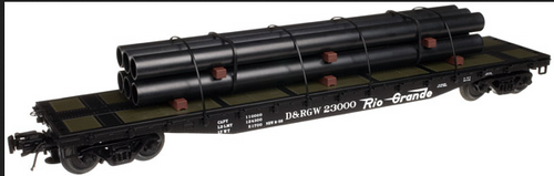 Atlas O Rio Grande 50' flat car with pipe load, 3 rail or 2 rail