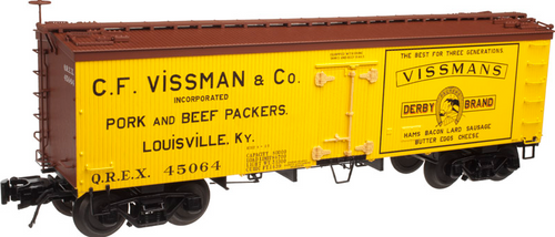 Atlas O  CF Vissmans, Derby Brand 36' wood reefer,  3 rail or 2 rail