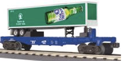 MTH Railking  Flat Car with Rolling Rock Trailer, 3 rail