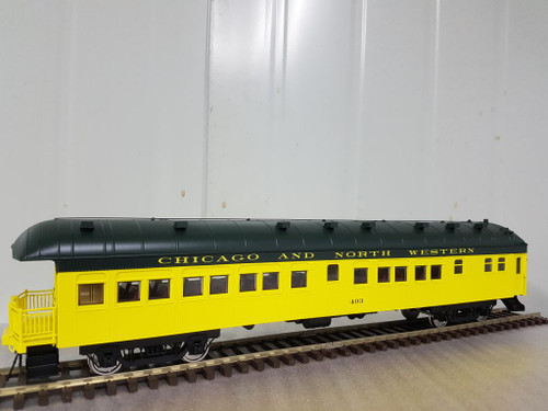 Golden Gate Depot CNW  (green/yellow) 70' open end observation car,  2 rail 