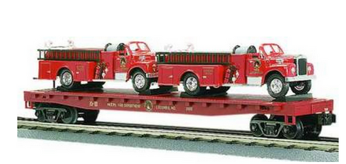 MTH Premier Flatcar with red Die-cast Fire Trucks, 3 rail