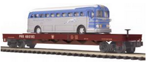 MTH Premier PRR Flatcar with Greyhound bus, 3 rail