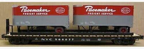 Lionel  NYC  twin pup  trailers on 50'  wood deck flat car