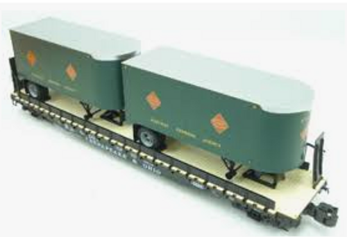 Lionel  REA  twin pup  trailers on C&O 50'  wood deck flat car