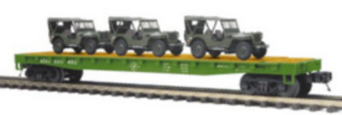 MTH Premier US army flat car with transport  vehicles, 3 rail