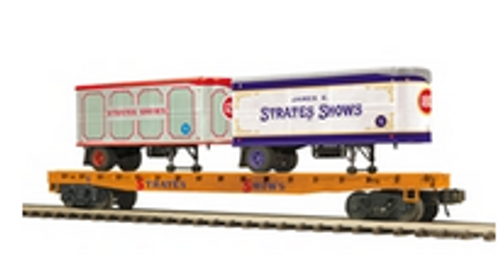 Pre-order for Atlas  Premier Strates Shows  50' flat car with 20' trailers #16 , 3 rail