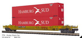 MTH Premier TTX husky stack double stack car with 2 Hamburg-Sud containers, 3 rail