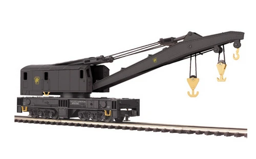 MTH Premier PRR wreck crane with Weaver PRR yellow m/w 50' flat car,  3 rail