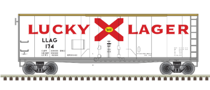 Atlas O Lucky Lager 40' plug door (bunkerless) refrigerator, 3 rail or 2 rail 