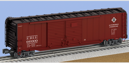 Lionel Erie 50' double door box car with auto frame load , 3 rail