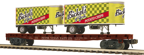 MTH Premier Bickels Potato chips pup  trailers  on 50' PRR flat car, 3 rail