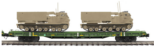 MTH Premier US army flat car with (2) M270 Rocket launchers, (desert) 3 rail