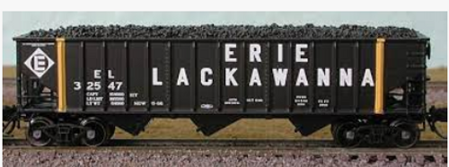PDT exclusive MTH Premier  Erie Lackawanna  70-ton 3-Bay Hopper w/coal load, 3 rail